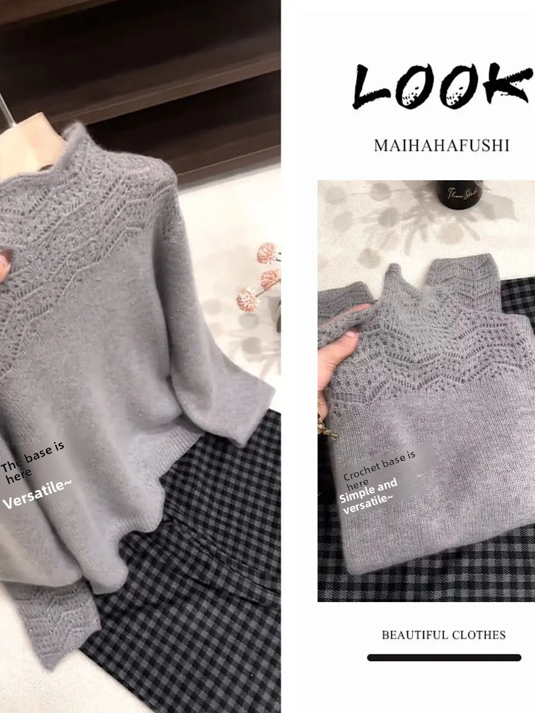

Women's Knitted Hollow out f High Collar Base irt Set Spring Deep Faionable Inner Outer Wear Long Sve Simple Sle