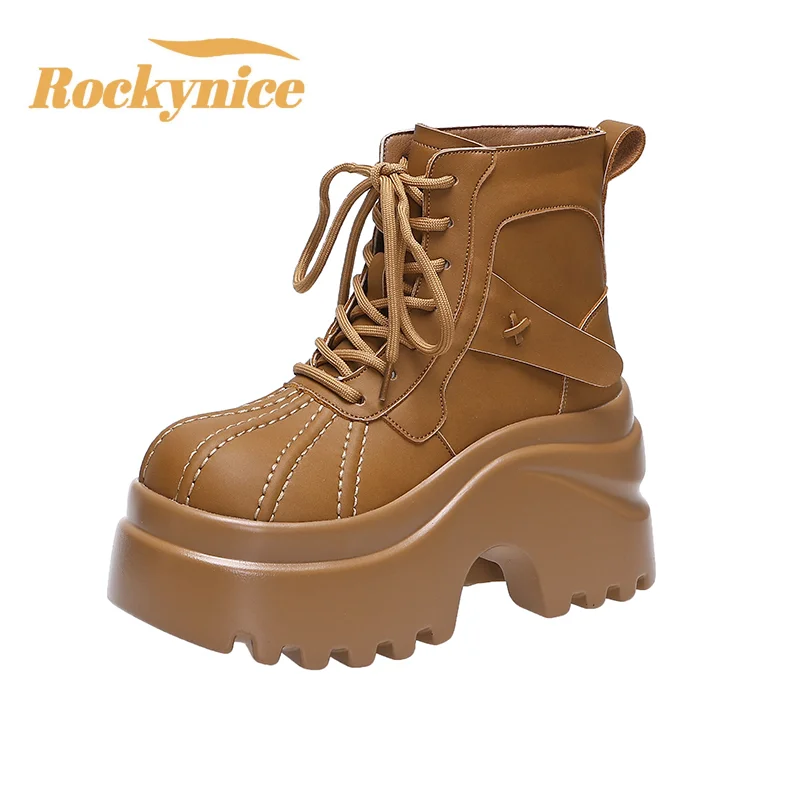 

Осенние женские мотоциклетные ботинки на массивном каблуке 9 см, повседневные кожаные кроссовки на высокой платформе со шнуровкой, зимние короткие ботинки Botas Feminina