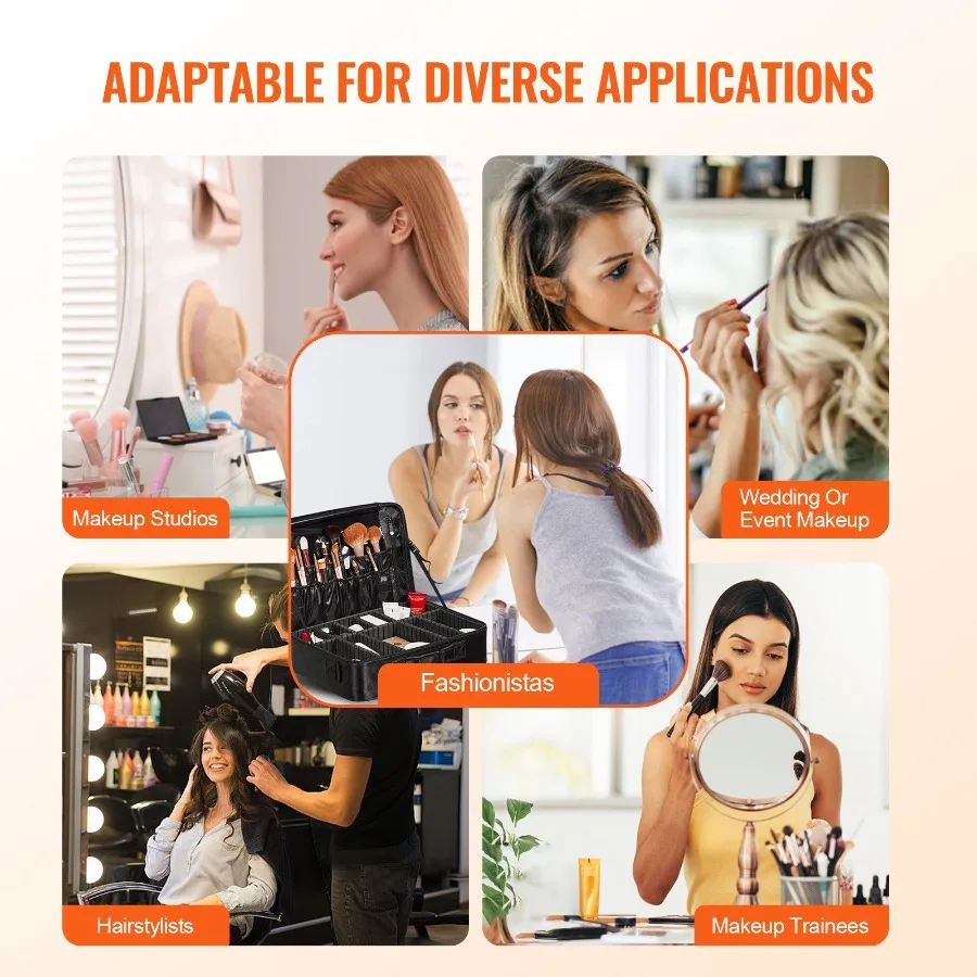 VEVOR 메이크업 트레인 케이스 대형 수납 3단 편리한 휴대용 손잡이 스트랩 전문 방수 옥스포드 메이크업 수납함