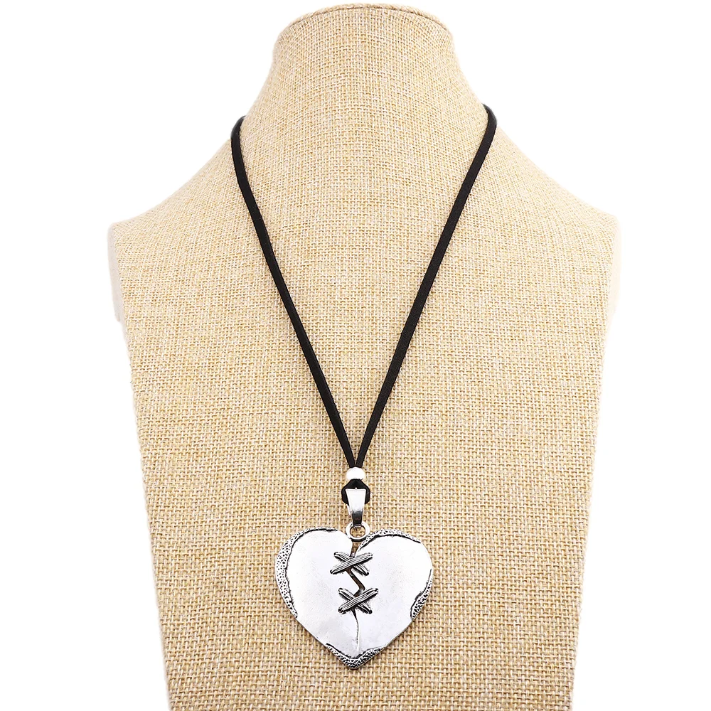 1 x Tibetan Silver Large Crack Broken Sutured Heart Pendant Necklace on Long Black Suede Cord Lagenlook 32‘’ for Jewelry Women