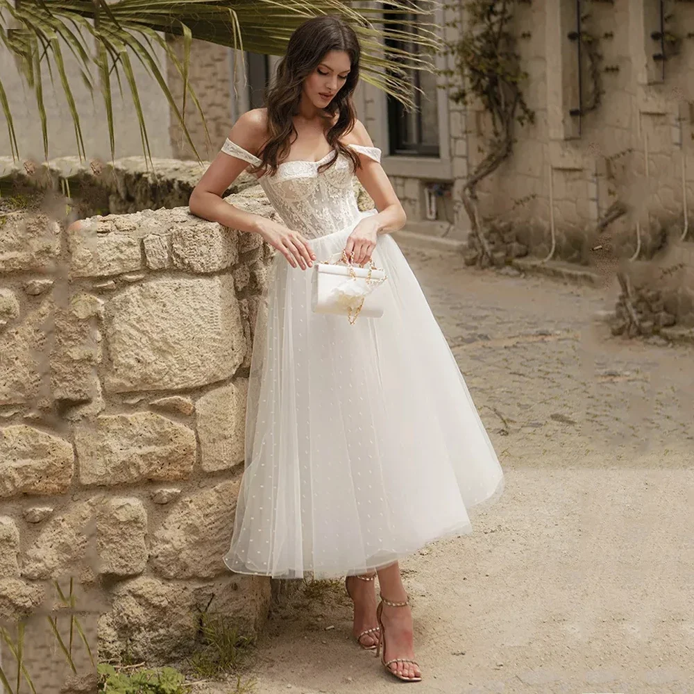 

JEHETH Sexy Short Sweetheart Wedding Dress Off The Shoulder Tea-Length With Soft Tulle Robe De Mariée Brides For Women Summer