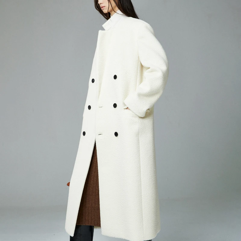 High quality white wool women's coat double breasted knee length custom cashmere blend modern minimalist work women's coat