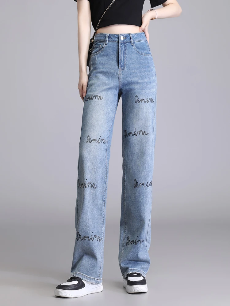 

Джинсы с высокой талией и широкими штанинами для женщин, летние, тонкие, новый стиль, с декором из страз, повседневные, свободного прямого кроя, корейская версия