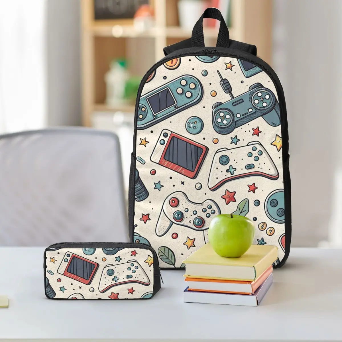 Retro Game Controllers Pattern Backpack Boys Girls BookBag School Bag Shoulder Bags 3ps Insulated Lunch Bag Pencil Case