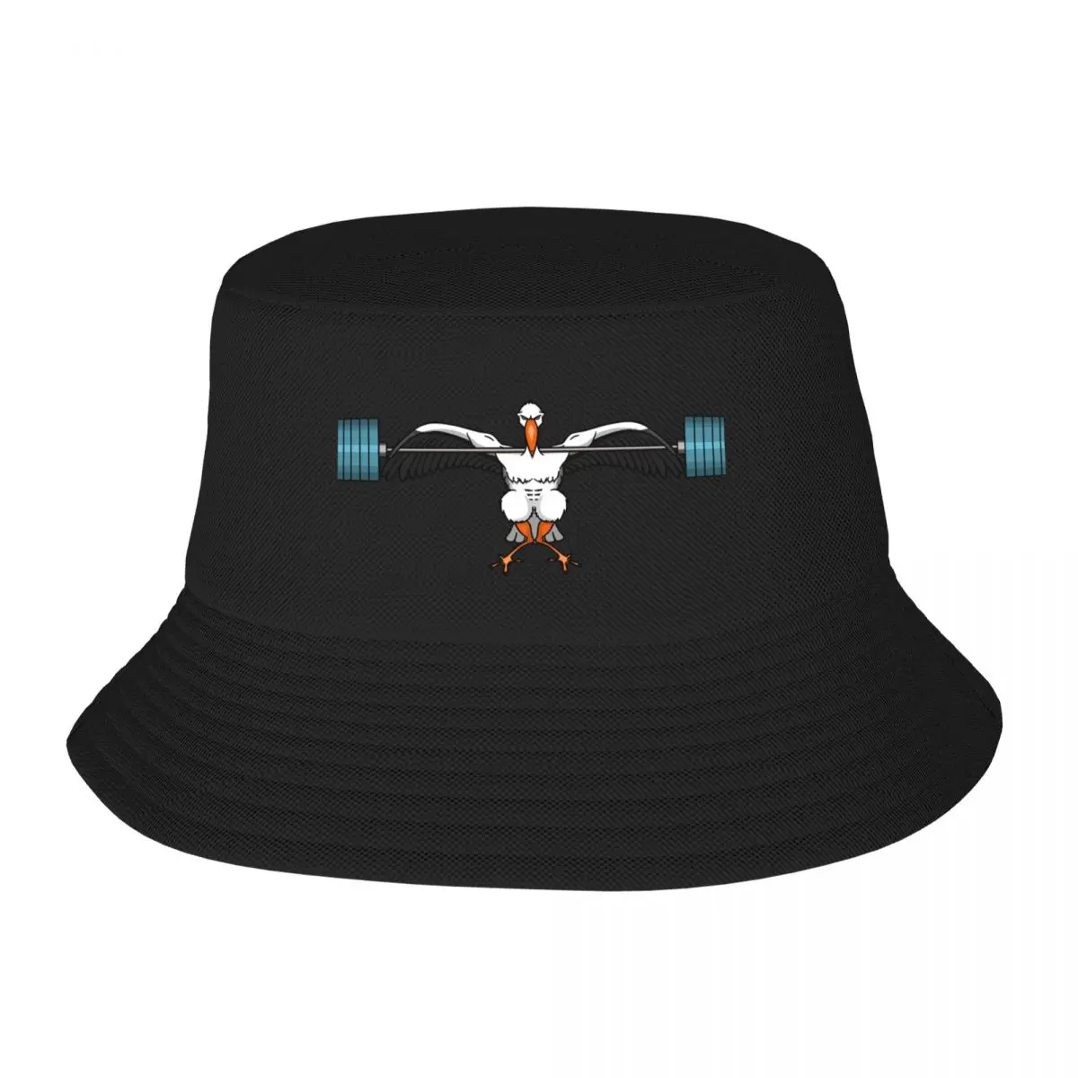 Super-strong stork doing squats. Bucket Hat Trucker Cap Vintage Visor Mountaineering Men's Hats Women's