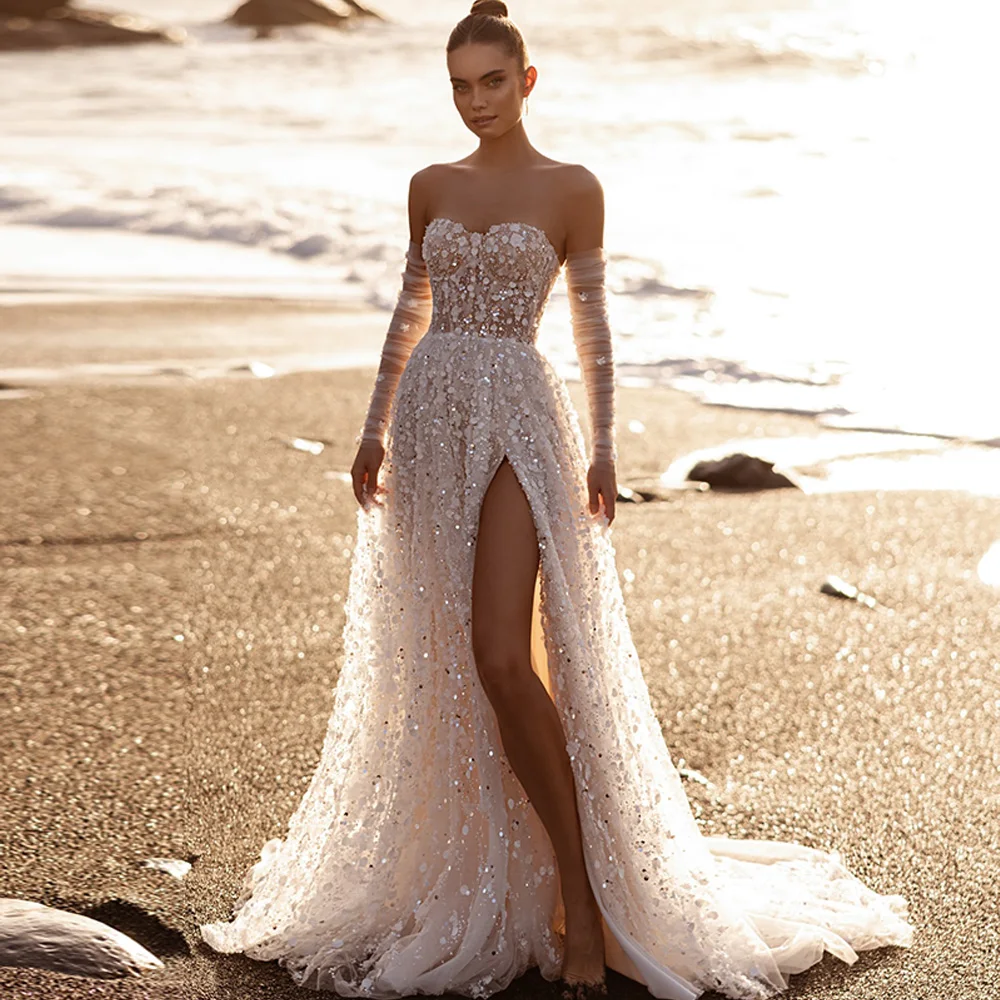 

Dreamy Customized Tulle Vestido De Novia with Sequined Sexy Side Slit Strapless Wedding Dress Elegant A-Line Robe de mariée