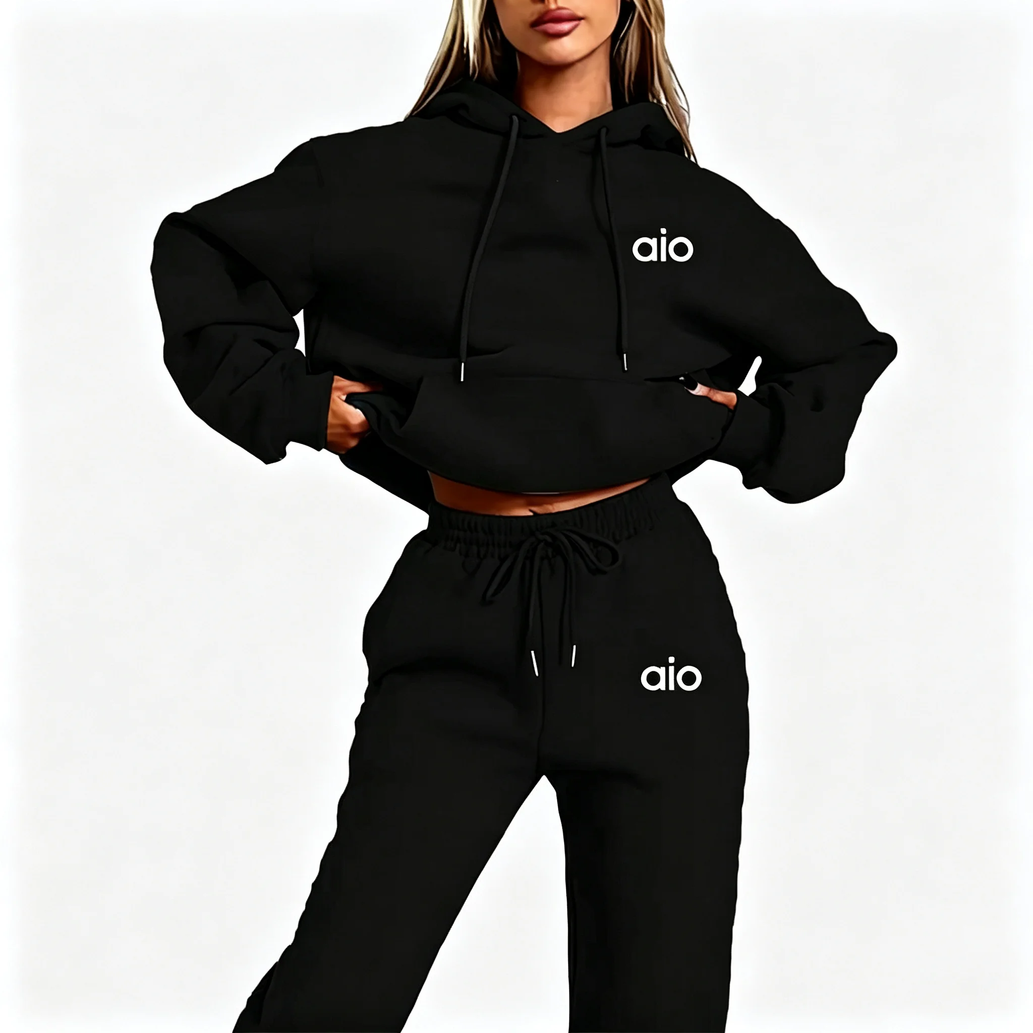 2026 AI-Druck Hochwertiges Damen-Monochrom-Kapuzen-Hoodie-Set Lässiges Zweiteiler-Set Neue Mode Heißer Trainingsanzug mit Jogginghose – Detail 6