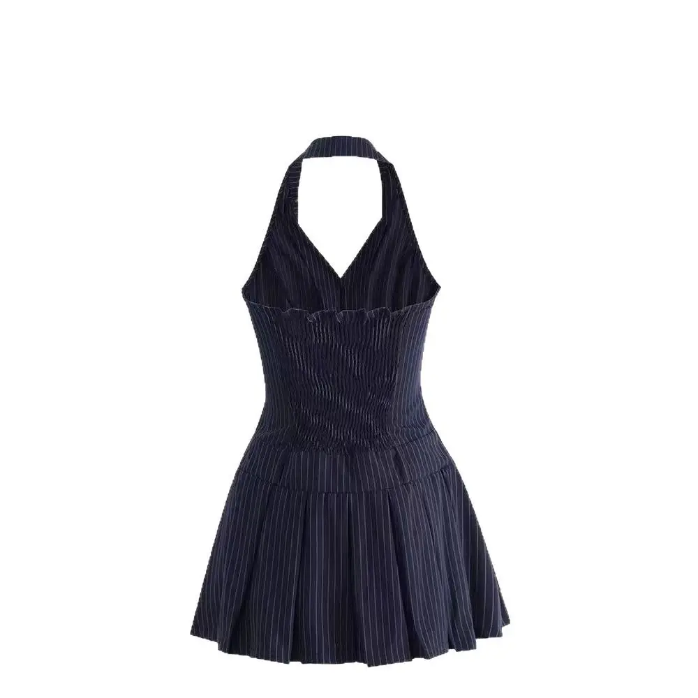 Slim Fit Deep V Shirt Dress Striped Pleated Women Short Skirt Spicy Girl Style Sleeveless Halter Camisole Dress Spring Summer