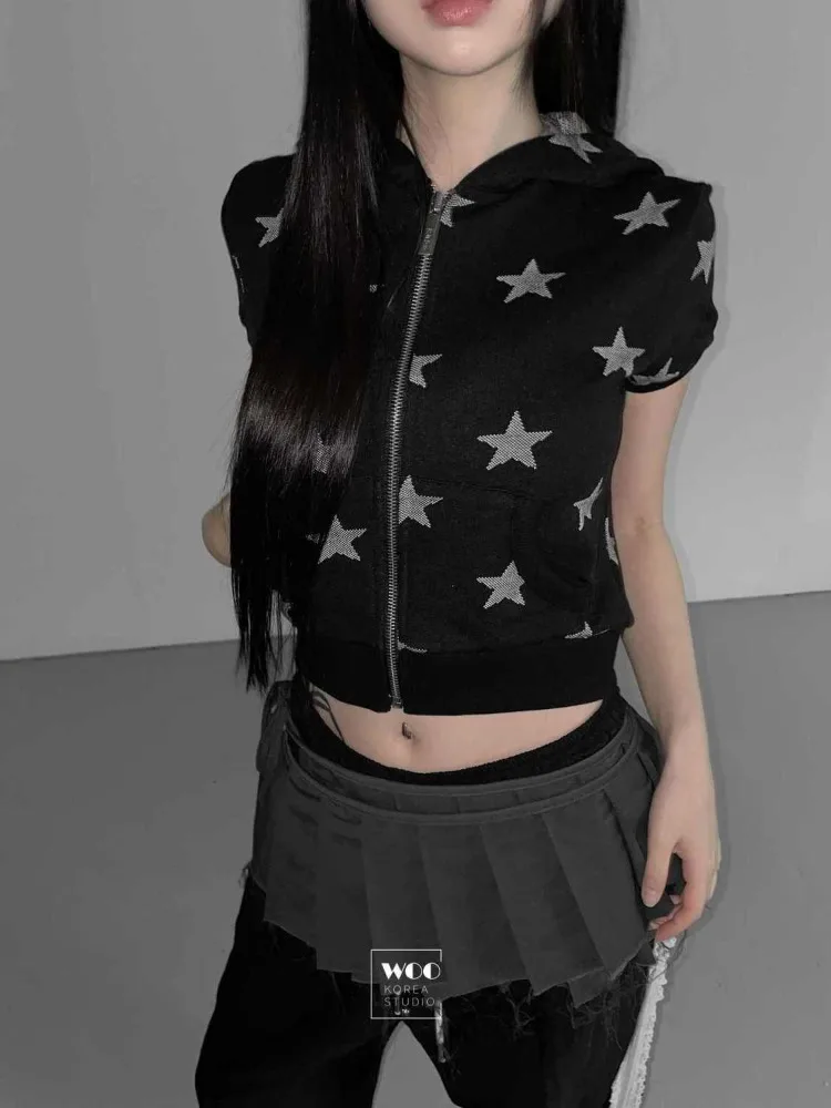 

Сладкие крутые толстовки с капюшоном и принтом звезд, новинка 2025 года, пальто на молнии с короткими рукавами, женские летние универсальные повседневные топы Mujer