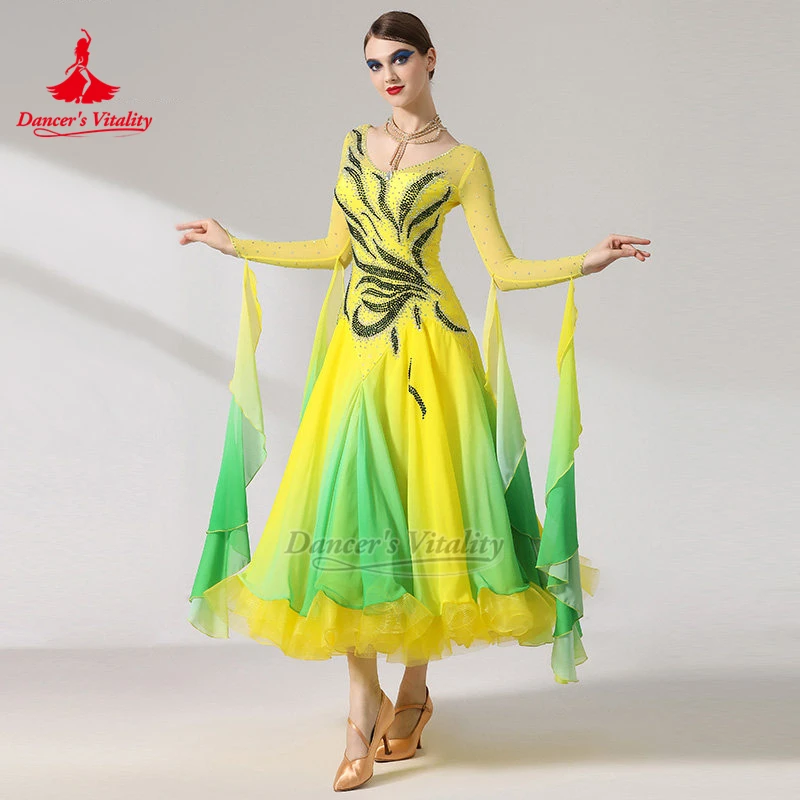 Adult Ballroom Dance Yellow-green Gradient Color Long Sleeves Dresses Female Tango Waltz Foxtrot Performance Outfit Customized