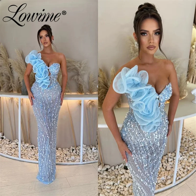 Sky Blue Sequins Ruffles Evening Dress Floor Length Mermaid Prom Gowns Sleeveless Wedding Party Dress Birthday Customized Robe