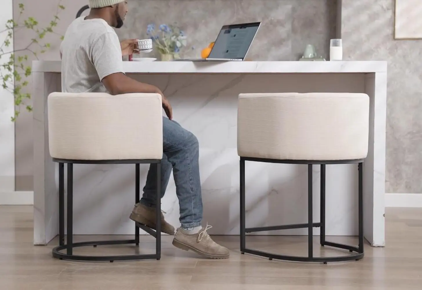 Ensemble de 3 tabourets de bar en lin crème contemporain de 24 pouces, comptoir en tissu