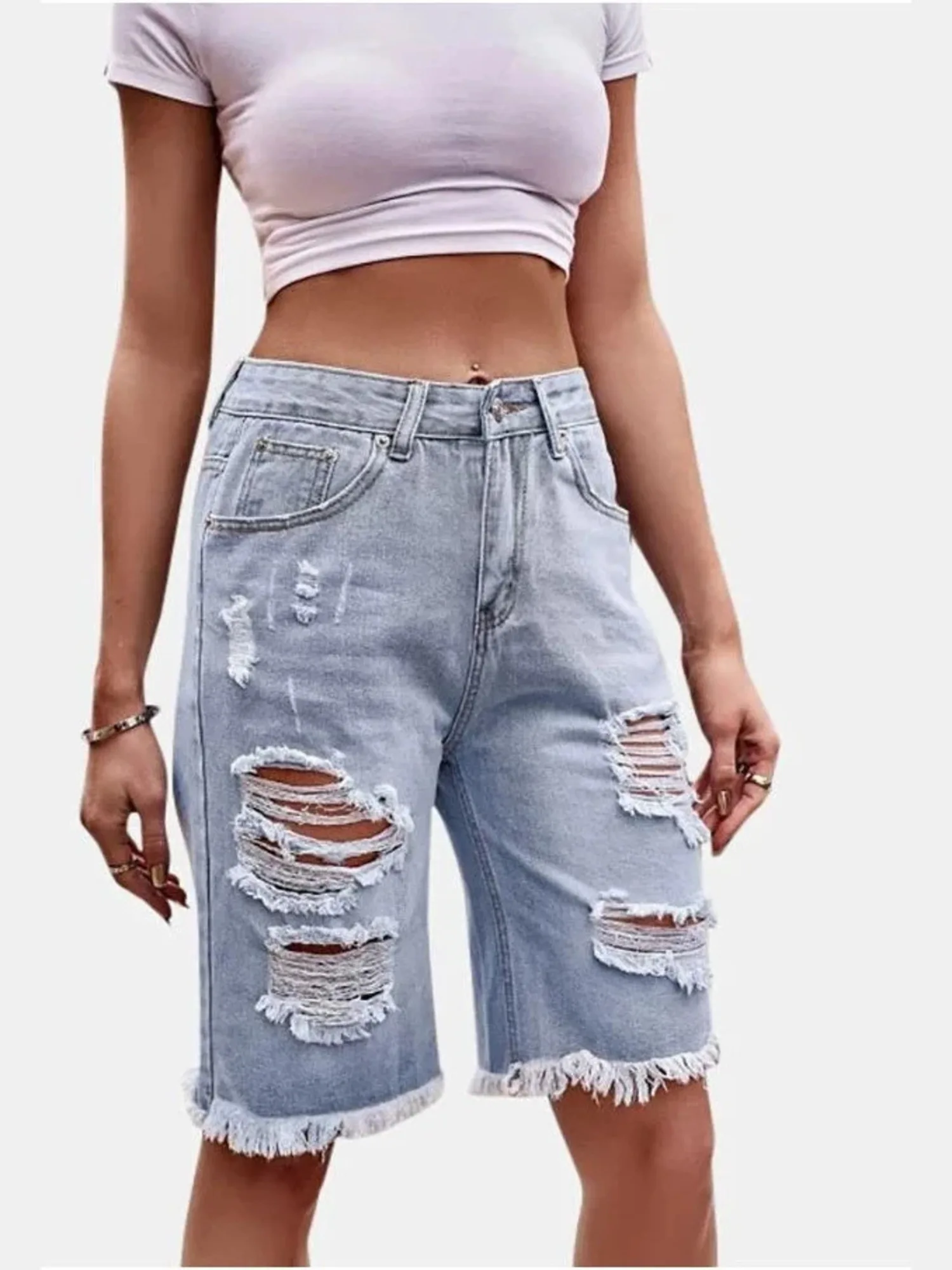 Women's High Waist Ripped Cotton Denim Jorts Distressed Frayed Hem Loose Fit Knee Length Bermuda Shorts Y2K 2026 Summer Casual view 3
