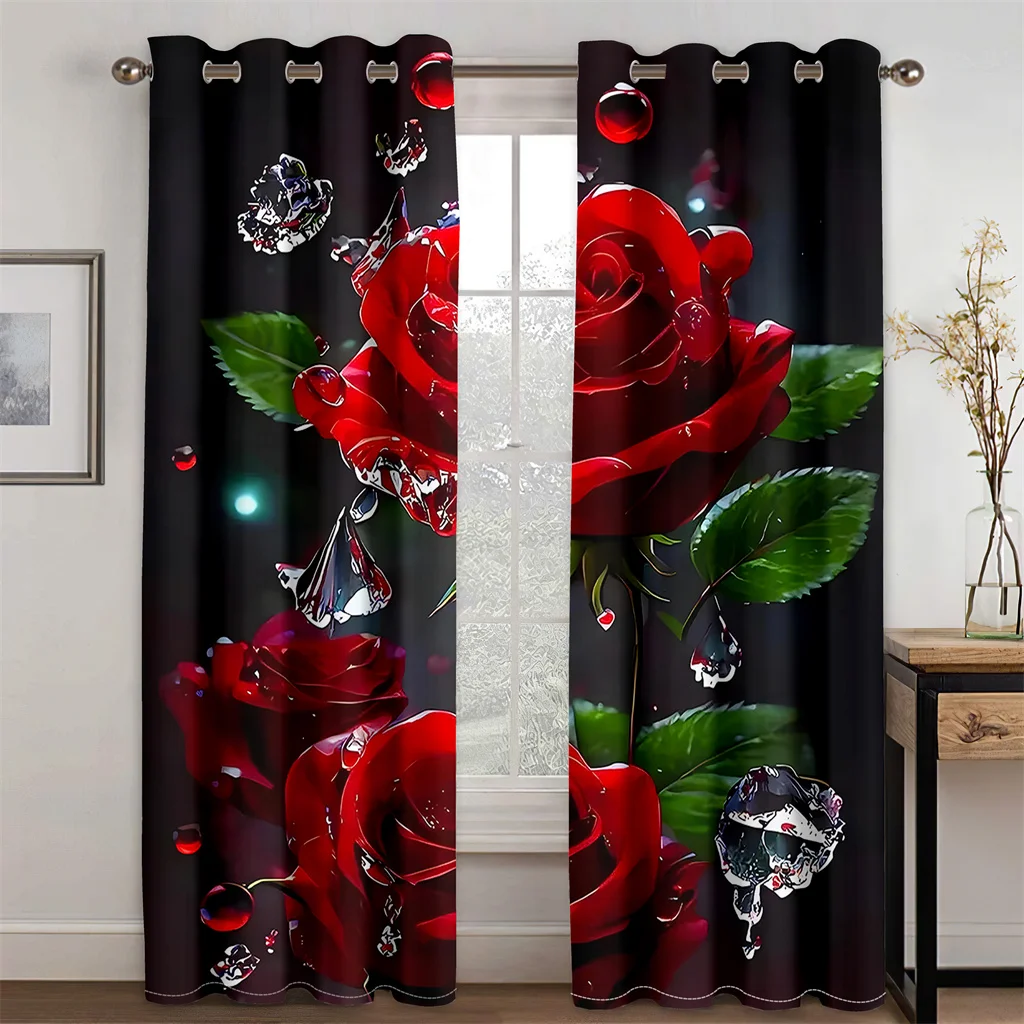 2pcs Brilliant Red Rose Flower Retro Style Curtains Window Treatment for Bedroom Office Kitchen Living Room Study Home Decor