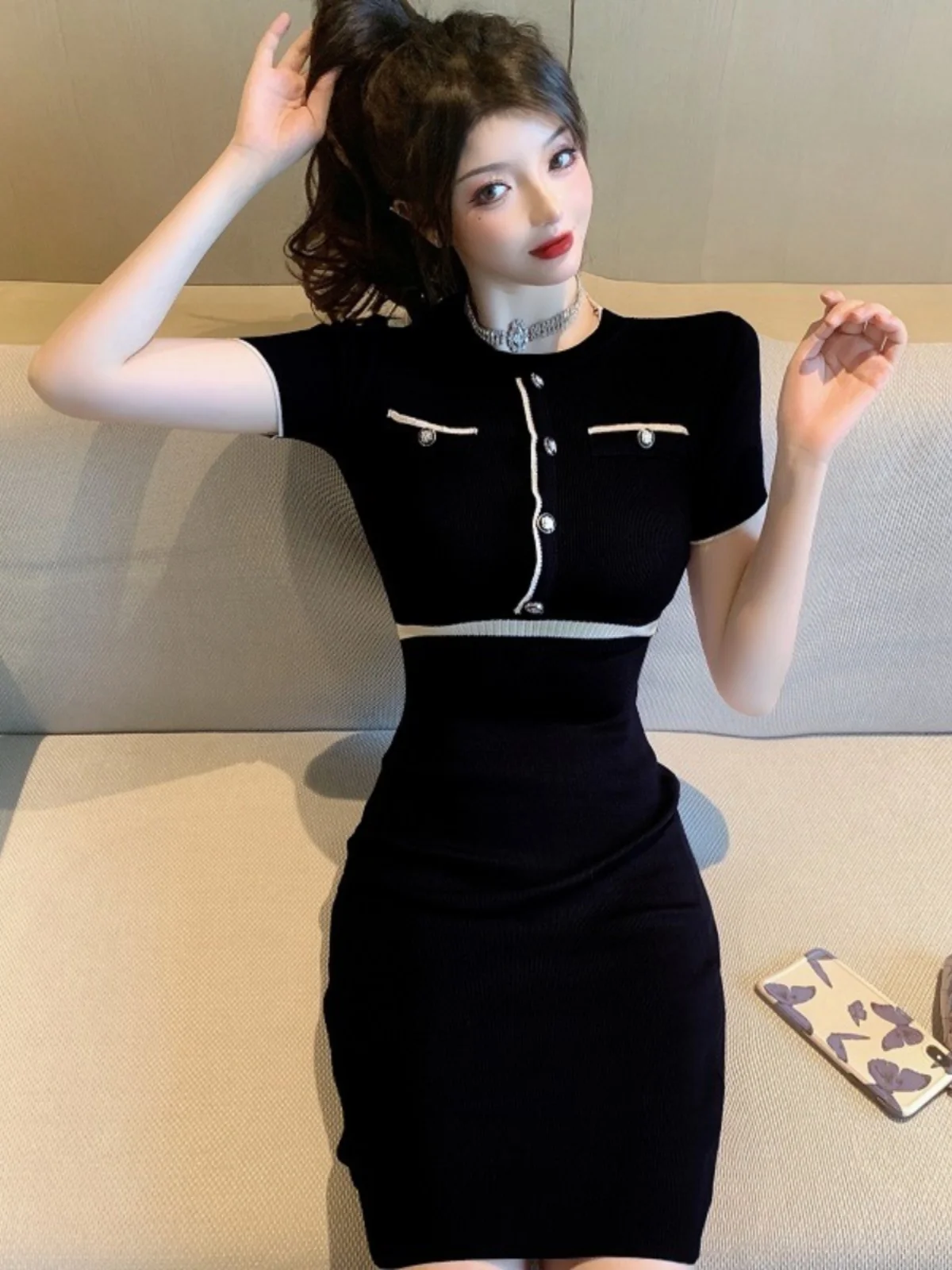 Vestido retrô f em tricô, estilo envelope, modelagem slim, camada base, novidade de primavera, saia lápis de cintura a...