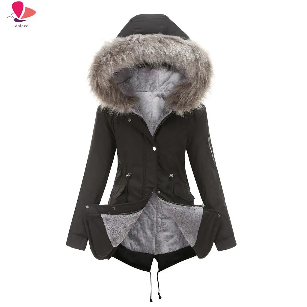 

APIPEE European Style Parka Cotton Jacket Mid-Length Hooded Winter Warm Thickened Clothing Fashion Jackets Women Down Coats