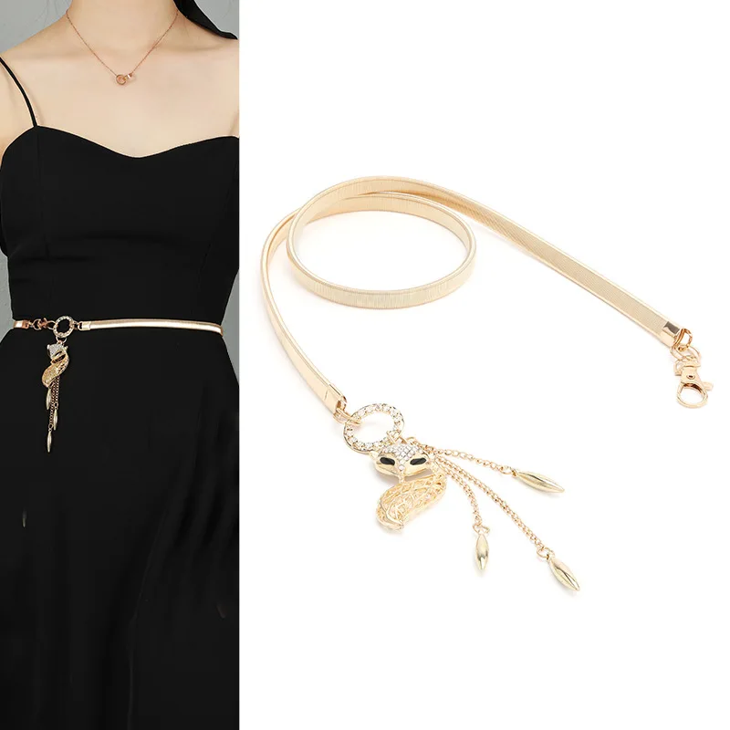 2024 New! Women's French Style Belt with Fox Pendant. Small Chanel-Inspired, Metal Waist Chain. Versatile Slim Belt for Dresses