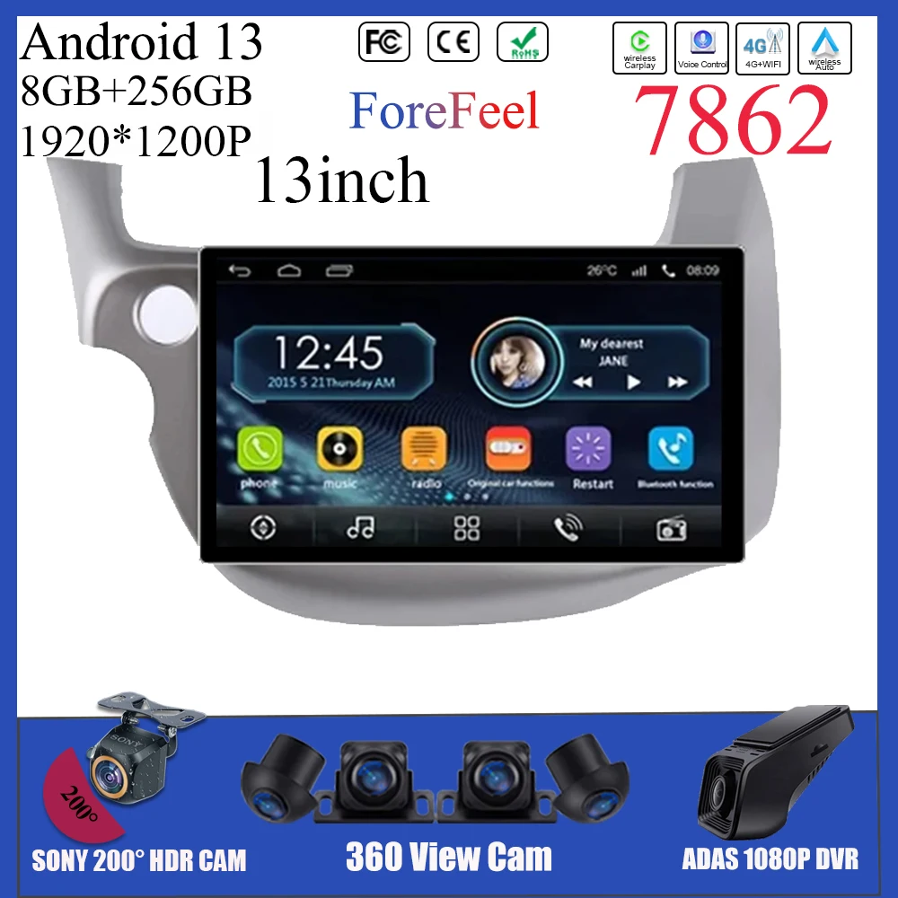 13 Inch Android For Honda Jazz Fit 2007 - 2013 Dvd Radio Multimedia Player  GPS Navigation Wireless Carplay Android Auto Stereo