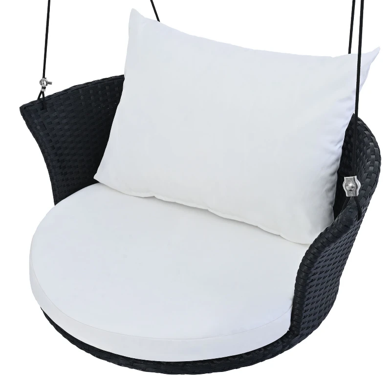 

Single Hanging Seat Rattan Swing Chair with Rope Porch Swing with White Upholstered