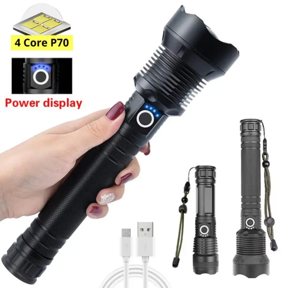 Super Bright Rechargeable XHP70/XHP50 LED Flashlight Zoomable Waterproof Tactical Torch 3 Modes Powerful for Camping Hiking