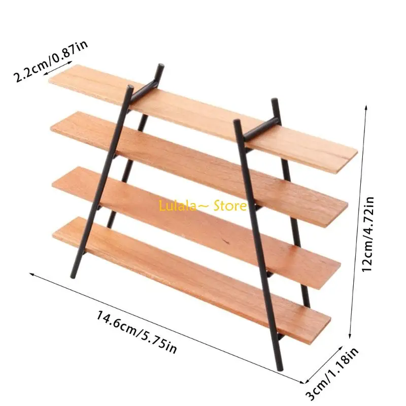 y4qa رف عرض خشبي مع 4 طبقات تخزين لإكسسوارات منزل الدمية 1/12 مقياس مصغرة للأثاث مشهد عرض الدعائم