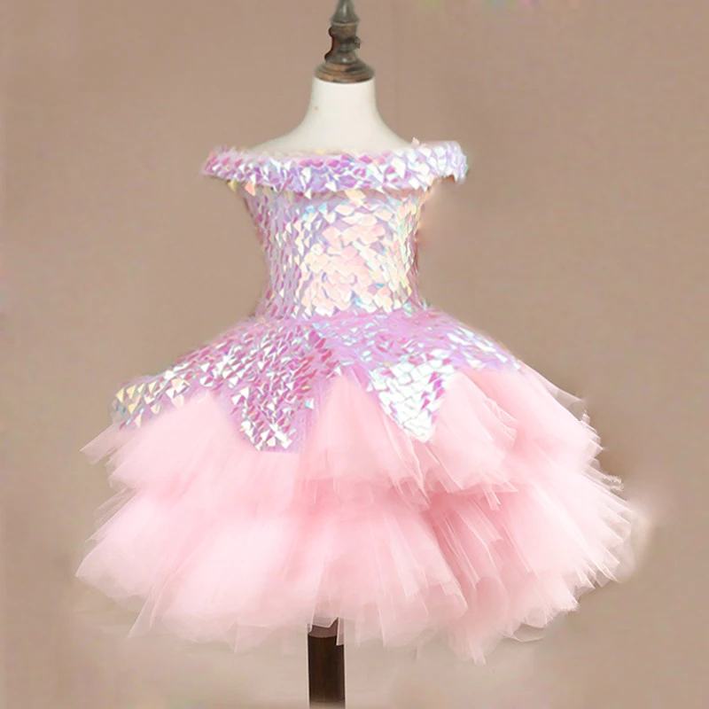 Children Princess Party Pink Sequins Dress Elegant Luxury Long Evening Gowns for Little Girls Formal Pageant Wedding Dresses Kid