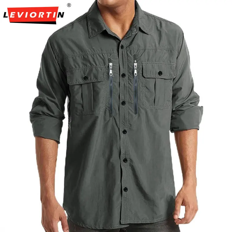 

Осенняя новая мужская модная универсальная рабочая одежда, рубашка с карманом на молнии и длинным рукавом, уличная однотонная рубашка с длинным рукавом