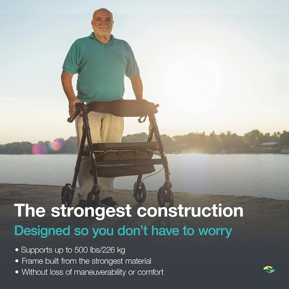 Andador bariátrico com assento grande ajustável em altura, capacidade de peso de 500 libras, rodas todo terreno de 8 polegadas, 28 polegadas