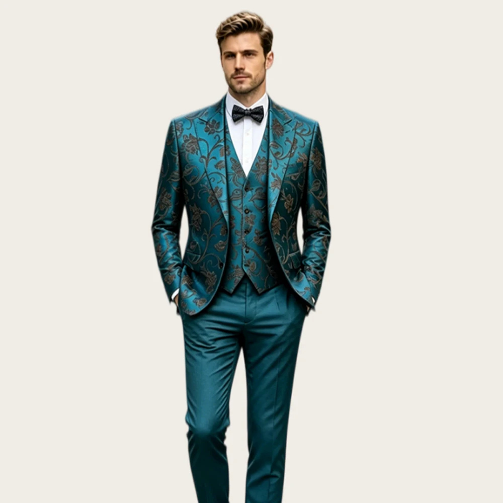 

Luxury Green Men's Suits Set with Peaked Lapel Single Breasted Tuxedo Prom Slim Fit Jacuard Blazer for Wedding Party Customized