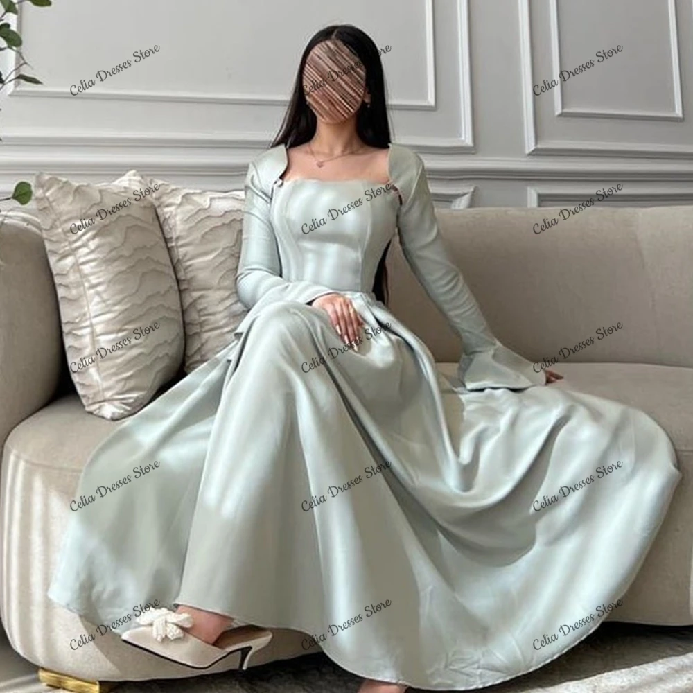 Evening Dress Satin Tea Length Formal Occasion Gowns Long Flare Sleeves Tea Length Prom Dress High Quality Party Dresses