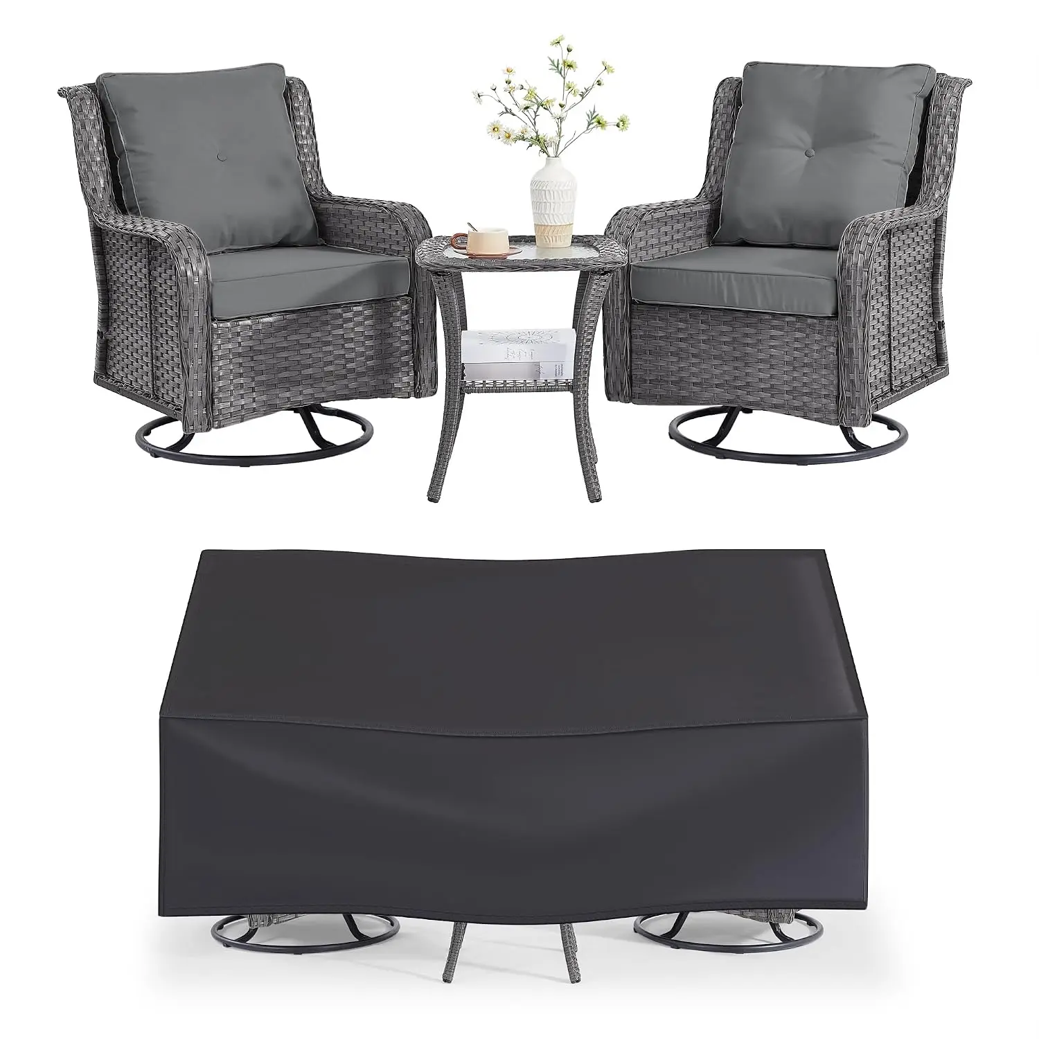 3-Piece Wicker Patio Set with 360° Swivel Rocking Chairs & Rattan Side Table for Garden Porch Backyard, Grey, Customized