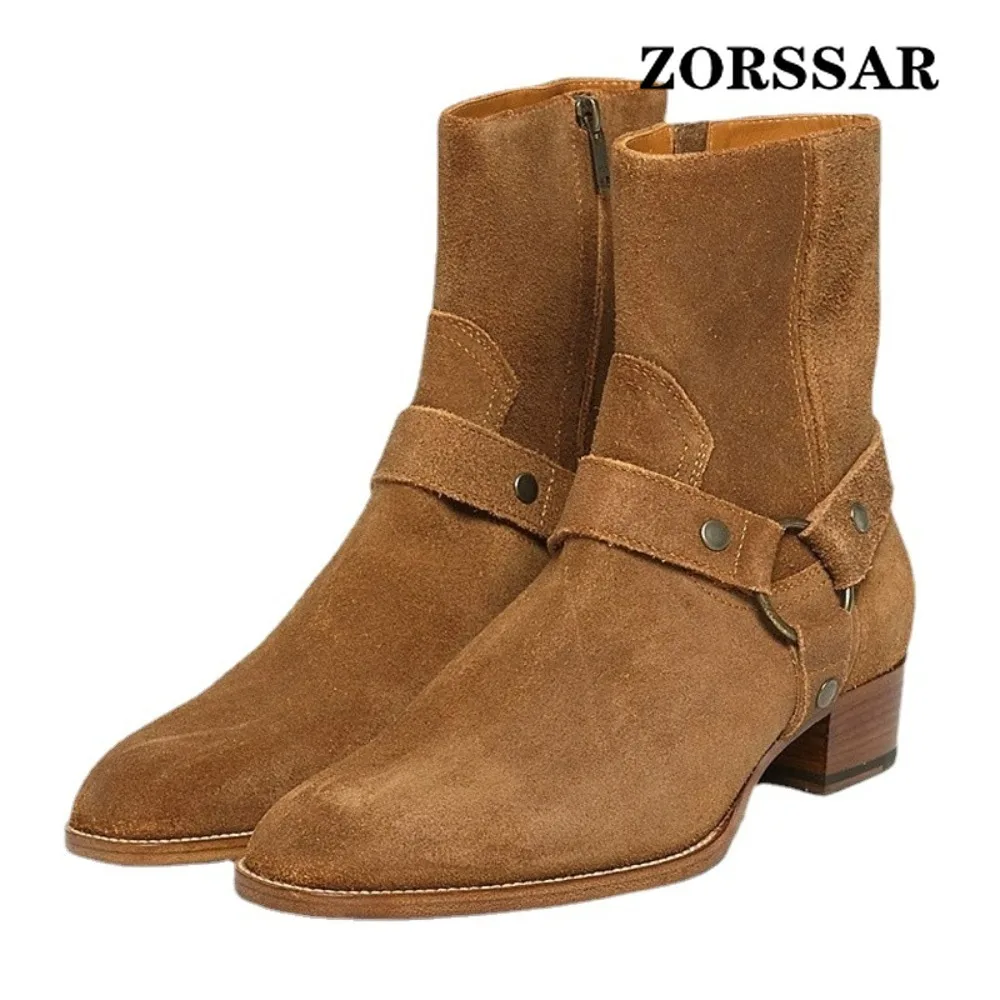 Men's Suede Boots Fashion Designer Chains Chelsea Boots Luxury High Quality Men Cowboy Boots Brown Zip Wedding Office Dress Shoe