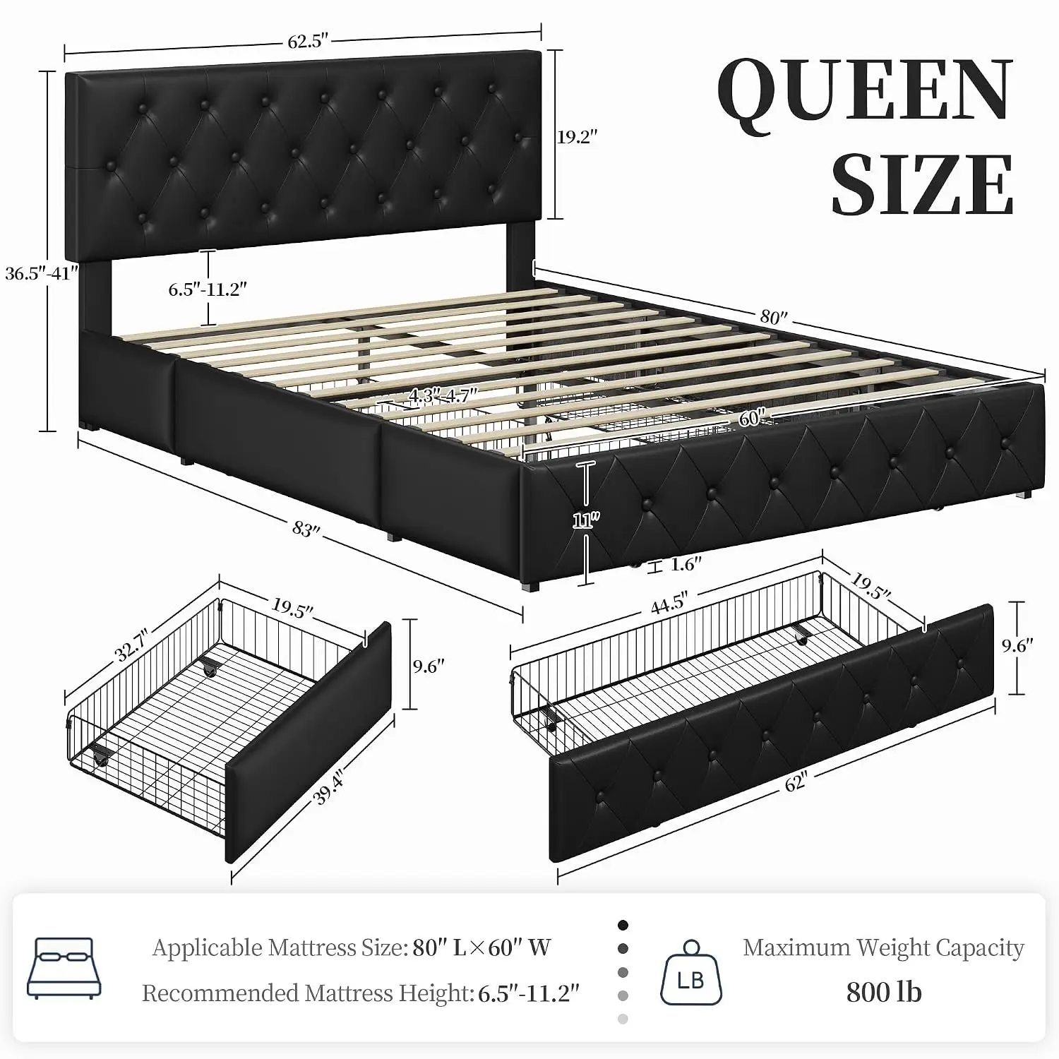Queen Upholstered Platform Bed with Storage Drawers, PU Leather & Metal Frame Wood Slats No Box Spring Bedroom, Customized