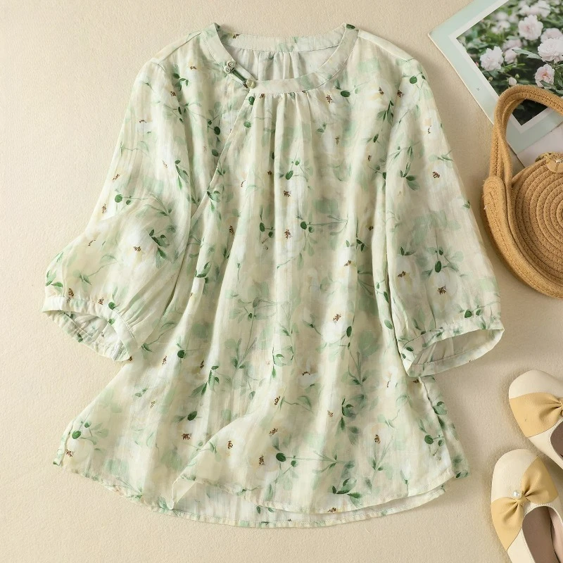 

2026 New Summer Vintage Thin Ramie Blouses Women Chinese Style Loose Frog Buttons Stand Collar Half Sleeve Floral Print Shirts