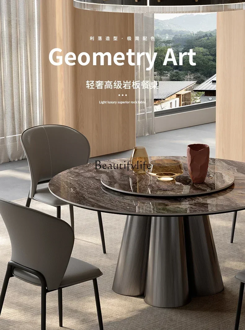 

yj5 Bright rock slab dining table round table with turntable luxury stone full support high-end rock slab round table