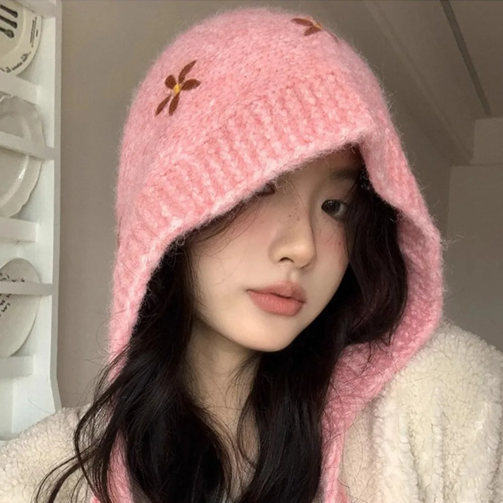 

Cute Sweet Knitted Balaclava Hat Embroidered Flowers Woolen Neck Collar Beanies Cap Keep Warm Coldproof Pullover Cap Autumn