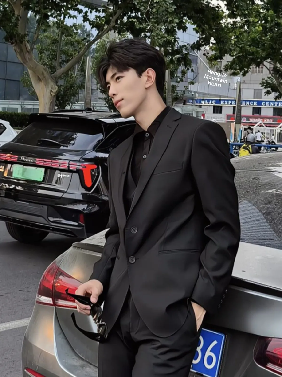 

Casual Bla Men's Suit Jaet High-End Feeling Briti Sle Preppy Faion Polyester Fiber Long Sve Flat Collar Single B...