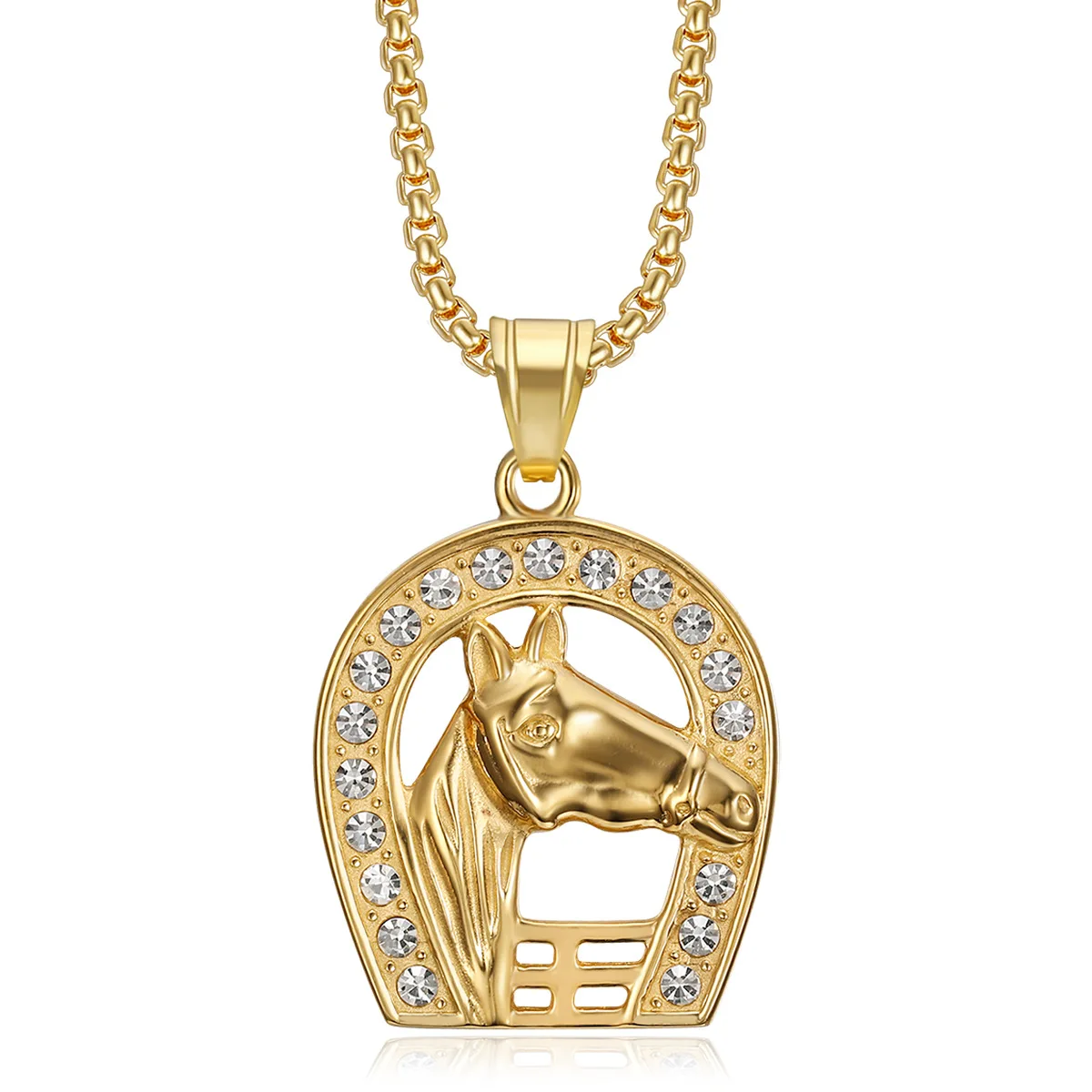 

Punk Iced Out Bling Horseshoe With Horse Head Pendant Gold Color Stainless Steel Necklace For Men/Women Jockey Club Jewelry 2025
