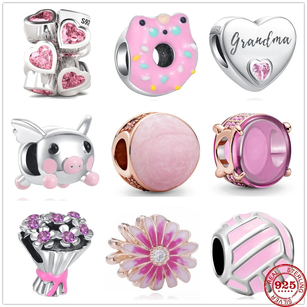 New Pink Rice Cooker Grandma Donut Flowers Mom Bikini Beads fit Original Pendant Charms Silver 925 Bracelet DIY Women Jewelry