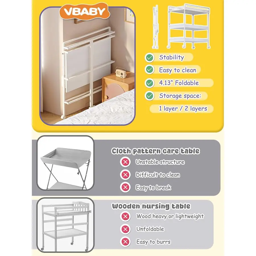 Opvouwbare babycommode met wielen, gecertificeerd luierwisselstation met opbergladen, 3-in-1 draagbare compacte luier