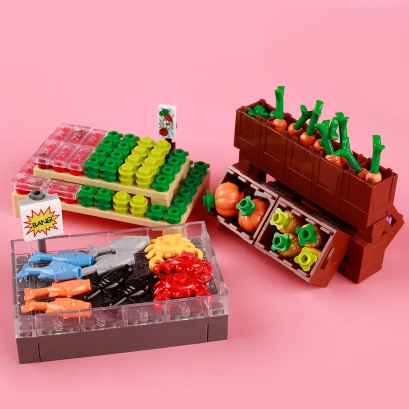 MOC City Supermarket Figures Building Blocks Store Vegetable Snacks Beverage Food Cashier Accessory Model Bricks Kids Toys Gifts