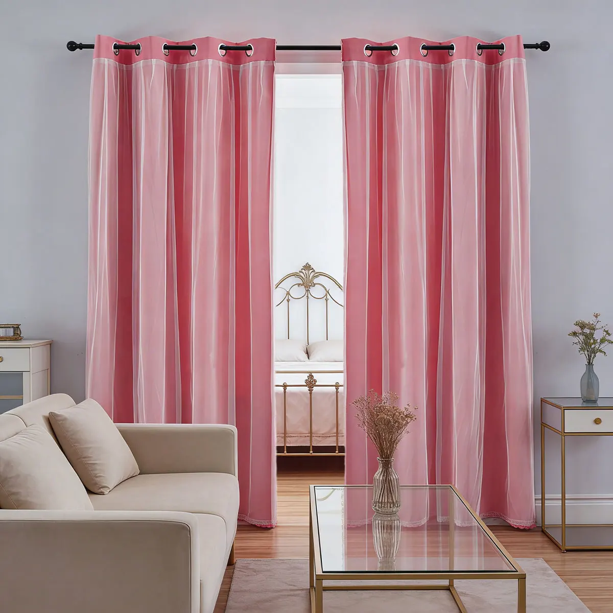 2pcs Pink Striped Double‑Layer Curtains, Grommet Top Sheer‑Blackout Drapes for Bedroom Living Room Home Decor