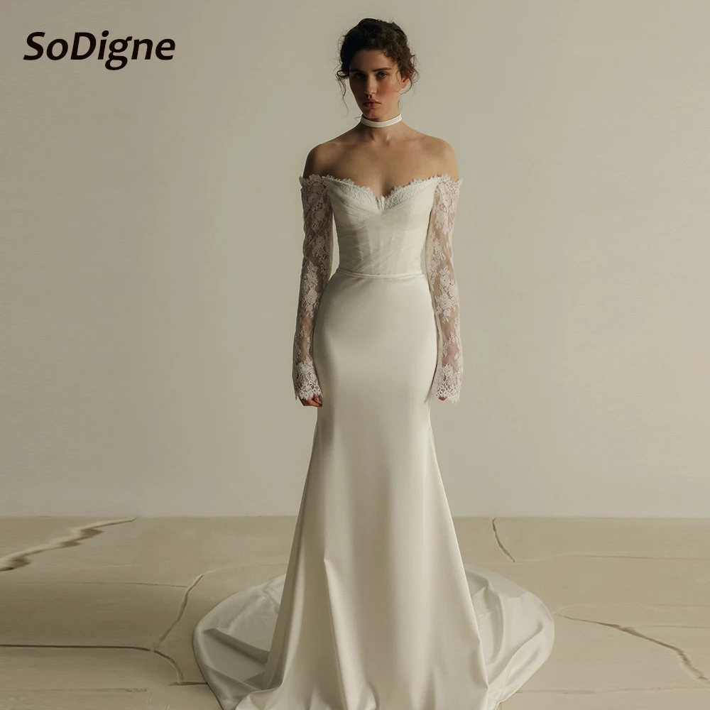 

﻿ SoDigne Mermaid Satin Wedding Dresses Off Shoulder Lace Sleeves Bridal Dress Long Bride Gown vestidos de novia Customized