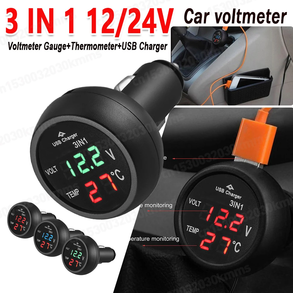 

3 in 1 12/24V Car Volt Meter Auto Digital LED Car Voltmeter Thermometer Car Truck USB Charger Current Meter Volt Detector