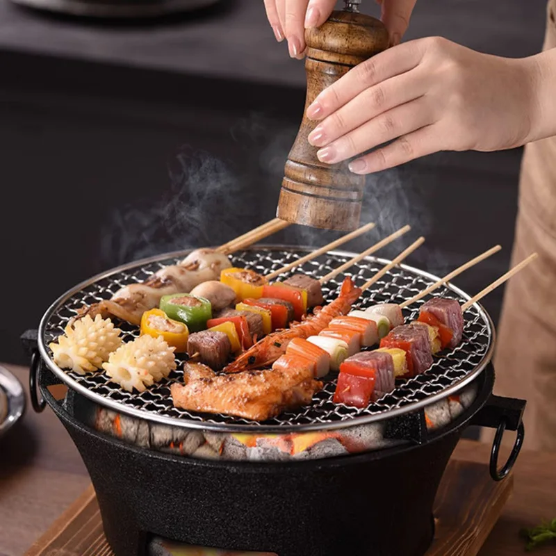 Cast Iron Hibachi Grill Round Small Portable Korean Style Charcoal Barbecue Grill for Outdoor Tabletop Camping BBQ Make tea 10 \