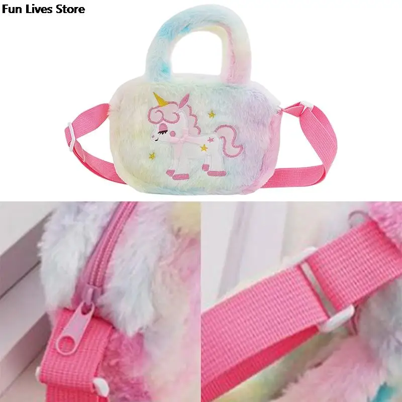 Tas selempang mewah Unicorn, tas bahu kartun Mini pelangi mewah, tas sabuk bordir hewan tas jinjing bulu indah