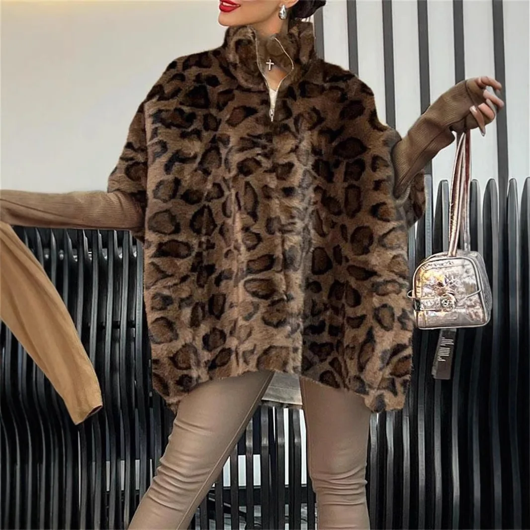 女性厚いコートプリントヒョウケープバットウィングスリーブ暖かいジャケットルーズエレガントなジッパータートルネックコートストリート秋冬
