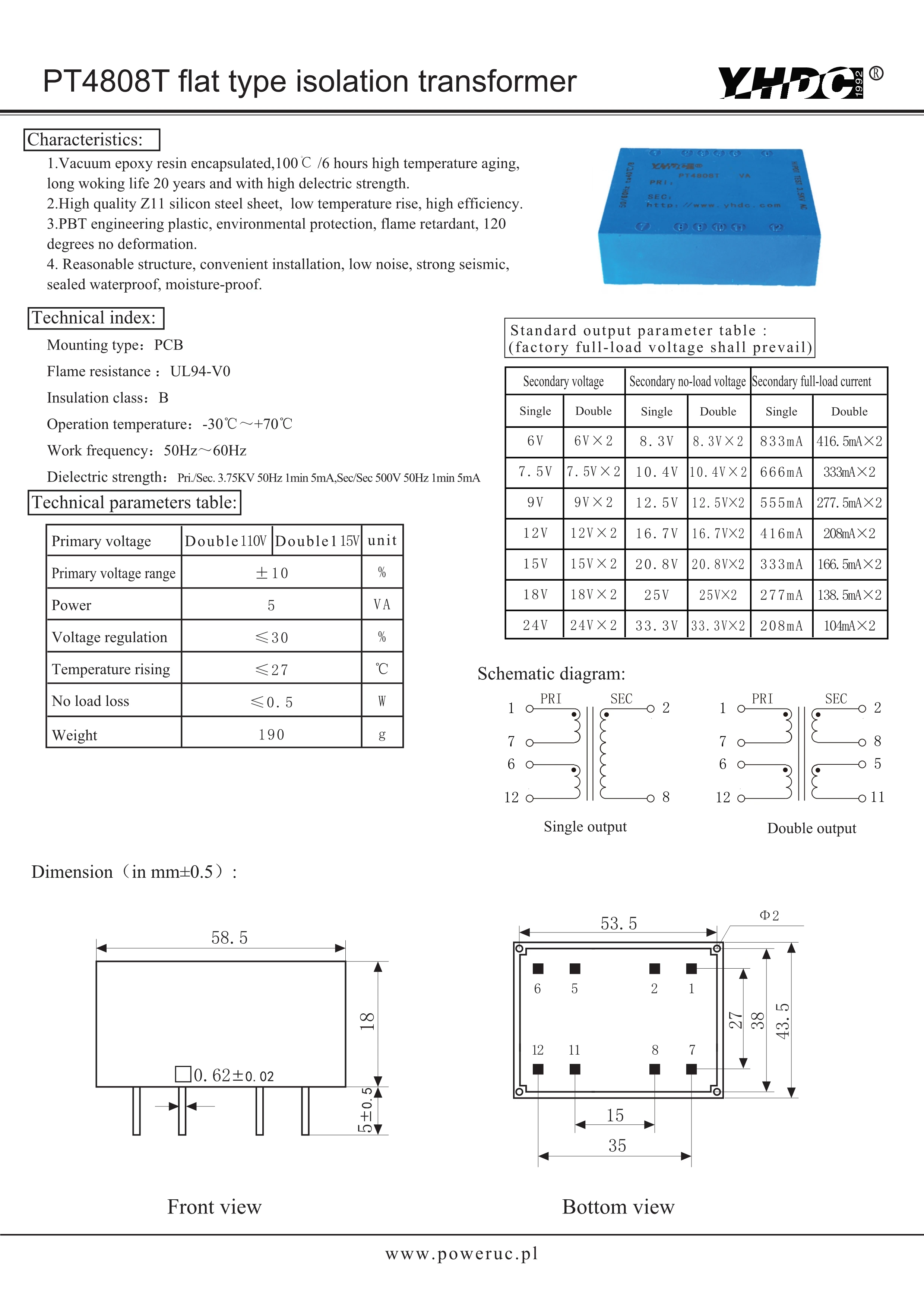 YHDC PT4808T Power 5VA Input 110Vx2 Output 6V/7.5V/9V/12V/15V/18V/24V Flat Type Three Skeletons Isolation Transformer Sealed