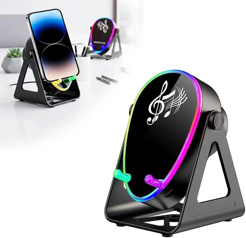 

5-in-1 Wireless Induction Bluetooth Speaker 180° Rotation Stereo Sound Amplifier Hands-free Wireless Charging Cell Phone Stand