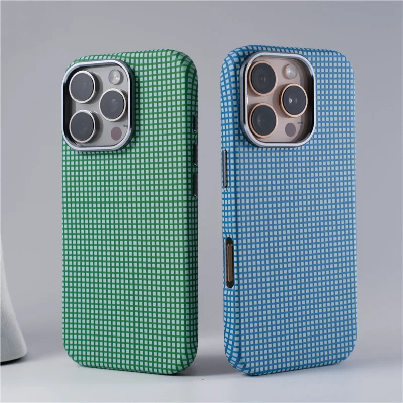 

Luxury Plaid Texture Magsafe Phone Case For iPhone 16Pro 15Pro Max 15 14 Metal Lens Frame Matte Hard Cover For Wireless Charging